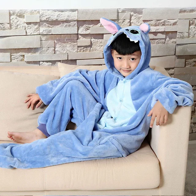 Disney Stitch Kids Winter One-Piece Pajamas Sets Children Animal Kigurumi Onesies for Boys Girls Pyjama Cartoon Cosplay Costume 4
