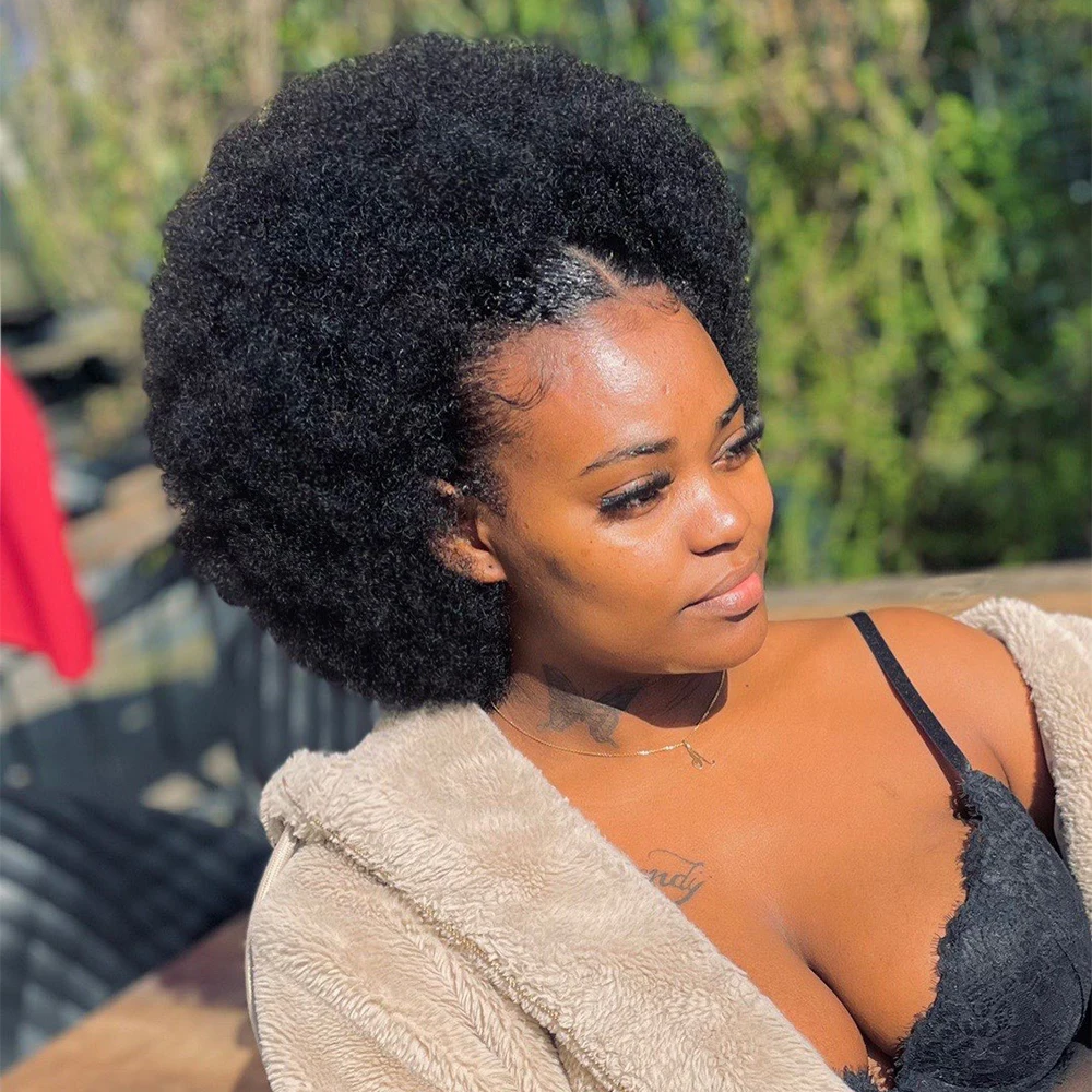 아프로 헤어 번 실제 인모, 부드러운 변태 곱슬 드로스트링 포니테일 클립, 연장 브라질 자연 색상, 10-12 인치