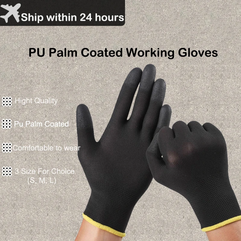 2/6/12 Pairs Nylon Knitted Gloves With PU Coated Work Safety Gloves Gardener Builder Driver Mechanic Protective Gloves Supplies