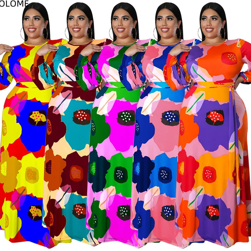 

Fashion Flowers Pattern Big Size Casual Dress for Woman Round Collar Short Sleeves Fashion Holidays Maxi Dresses 4XL 5XL