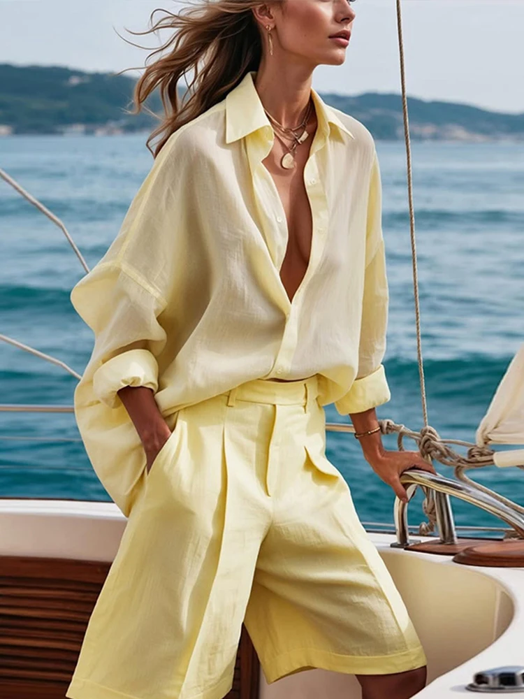 2025 Summer Sexy Shoulder Lotus Leaf Top Three-Point Shorts Wool Suit HZ0108