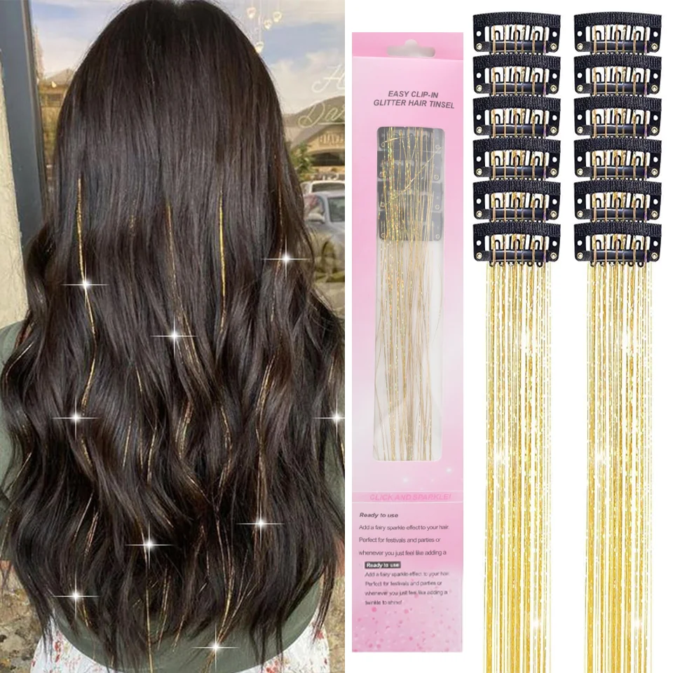 12pcs, 20 Inch Synthetic Shiny Hair Clip Hair Extensions, Suitable For Music Festival, Party, Christmas Day Accessories