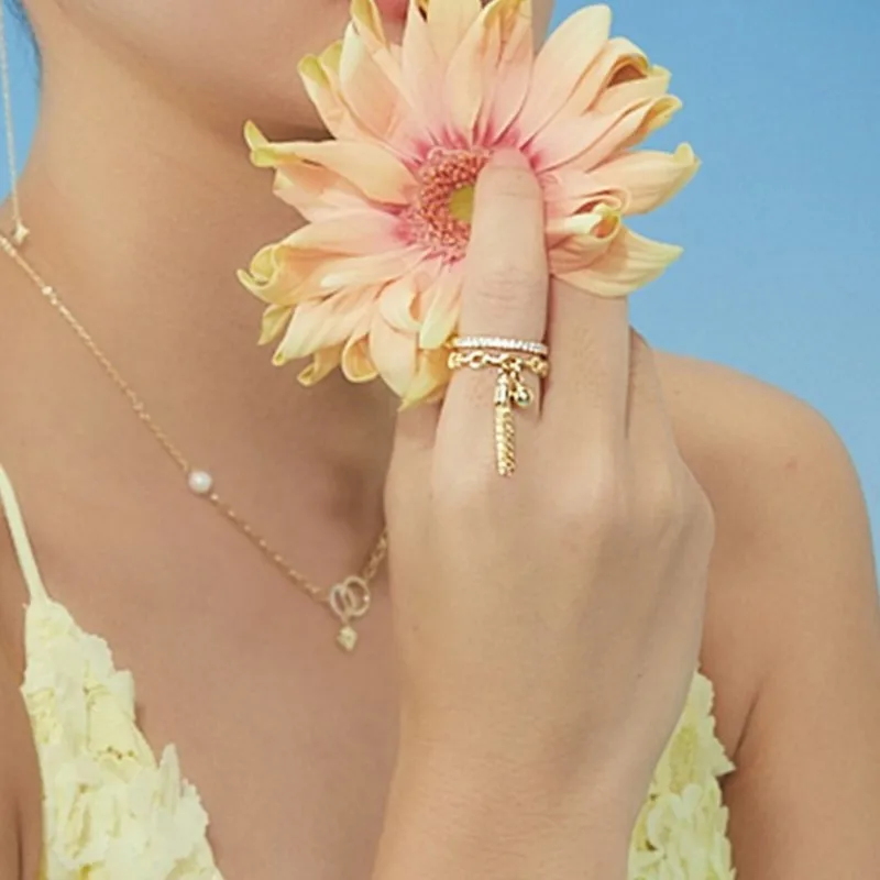 Luxury Double Layer Zircon Rings for Women Punk Metal Ball Tassel Link Chain Opening Ring New Trend Couple Wedding Jewelry