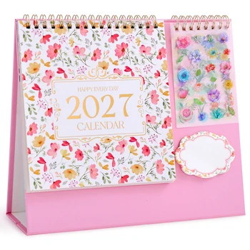 Calendario da Tavolo 2027 con Pagine Girevoli, Settembre 2026 - Dicembre 2027, Agenda Floreale con Adesivi