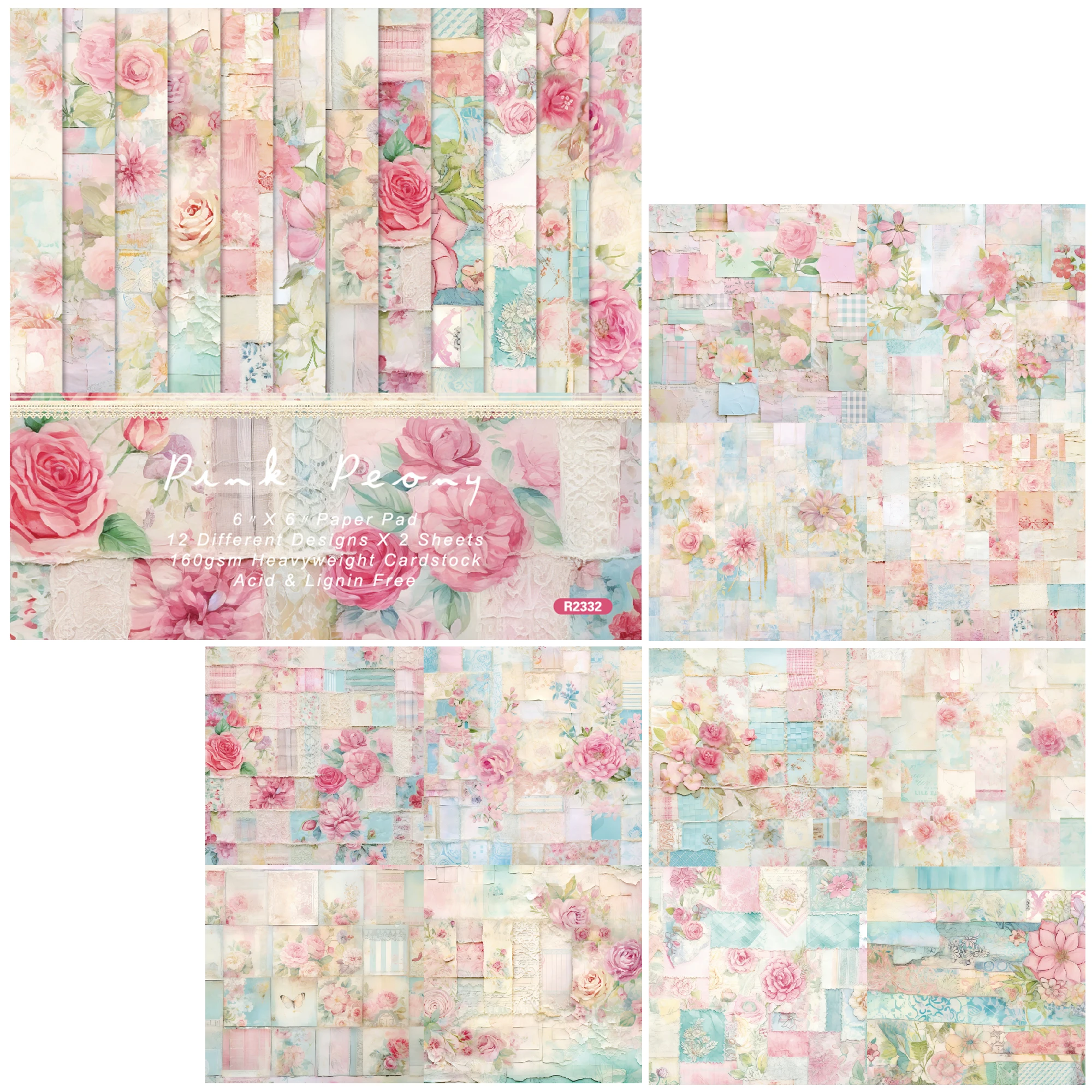 

Alinacutle Pink Peony Floral Paper Pack 24 sheets 6" Patterned Paper Pad For Scrapbooking Handmade Craft Background Paper Pad
