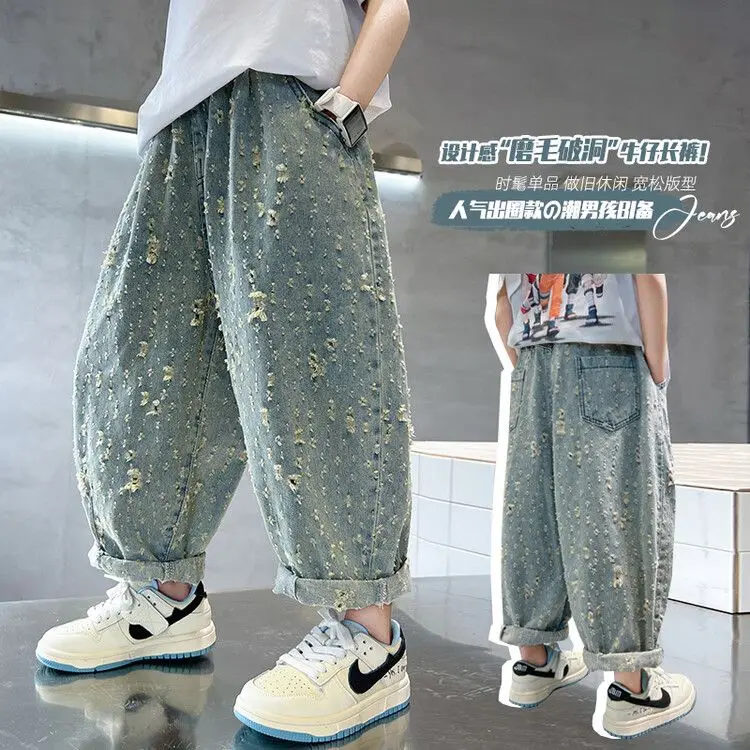 

Детские рваные джинсы, демисезонные джинсы для мальчиков, модные детские брюки в Корейском стиле, удобная детская одежда, Новое поступление A08