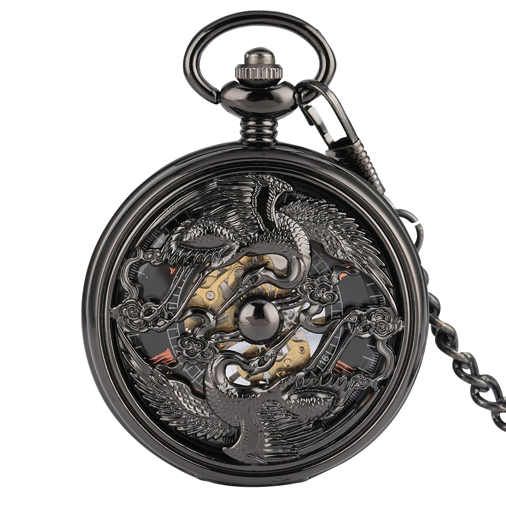 Retro Black Flying Cranes Design Mechanical Hand-Wind Pocket Watch 30 cm Pocket Chain Pendant Manual Mechanical Pocket Timepiece