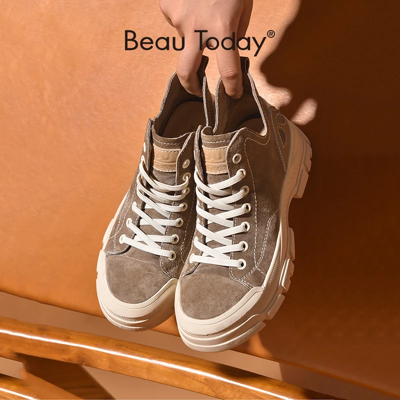 BeauToday Zapatillas de Gamuza Deportivas con Punta Redonda para Mujer, Tenis Casuales de Corte Alto, Planos con Cordones Falsos, Estilo Retro, Hecha a Mano, 29575|Zapatos planos de mujer| - AliExpress