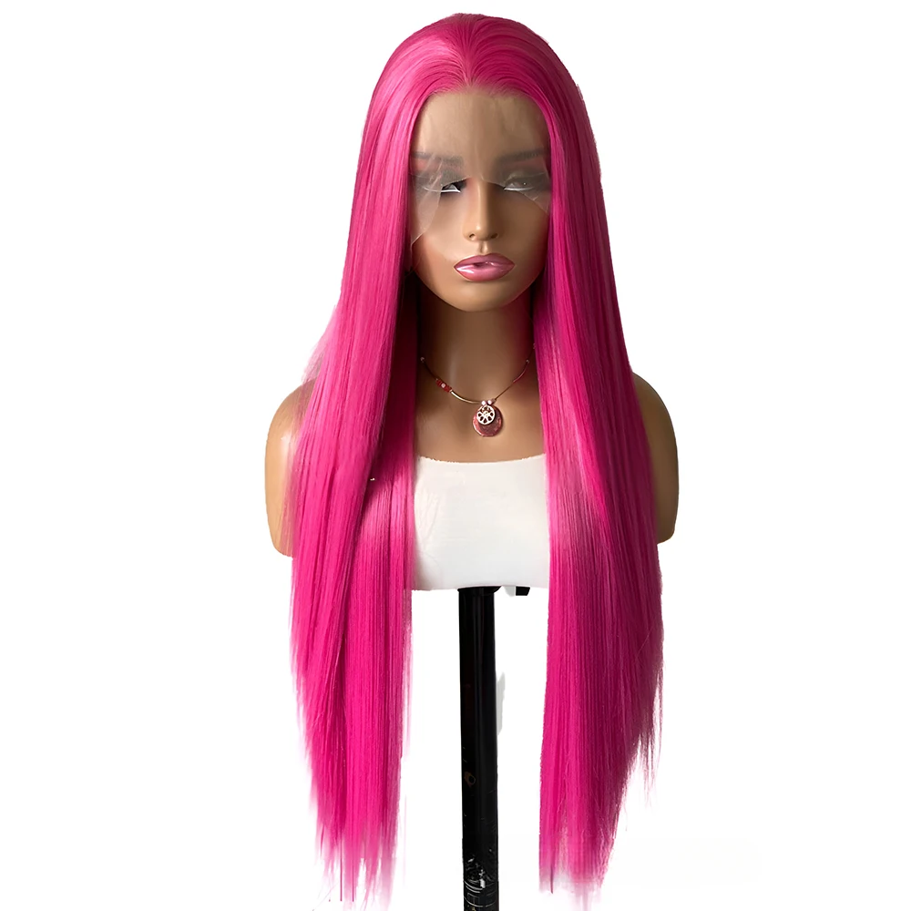 Rose Pink Straight Synthetic Lace Wig Glueless Wigs For Women Natural Hairline Daily Wear Long Pink Wig Cosplay Part Front Hair lace front wig