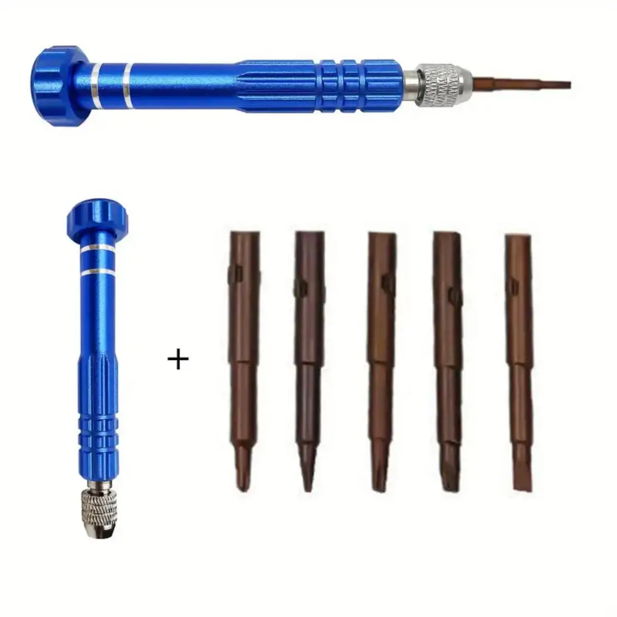 Multiple interchangeable screwdriver tips shown for detailed repairs