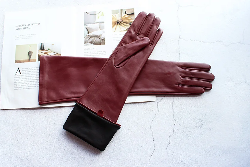 Women's Touch Screen Long Leather Gloves Thin Colored Sheepskin Fashion Stage Wear Autumn Silk Lining Sleeves