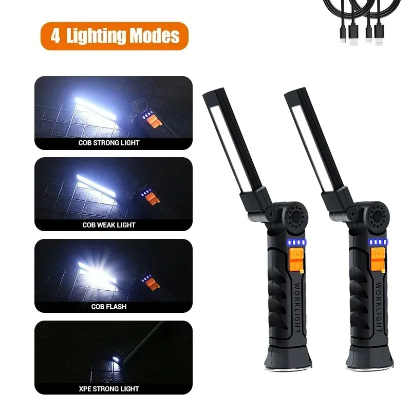 USB Flashlight Rechargeable Built-in Battery Camping Torch LED Work Light with Magnetic Base 5 Modes For Home Outdoor Camping