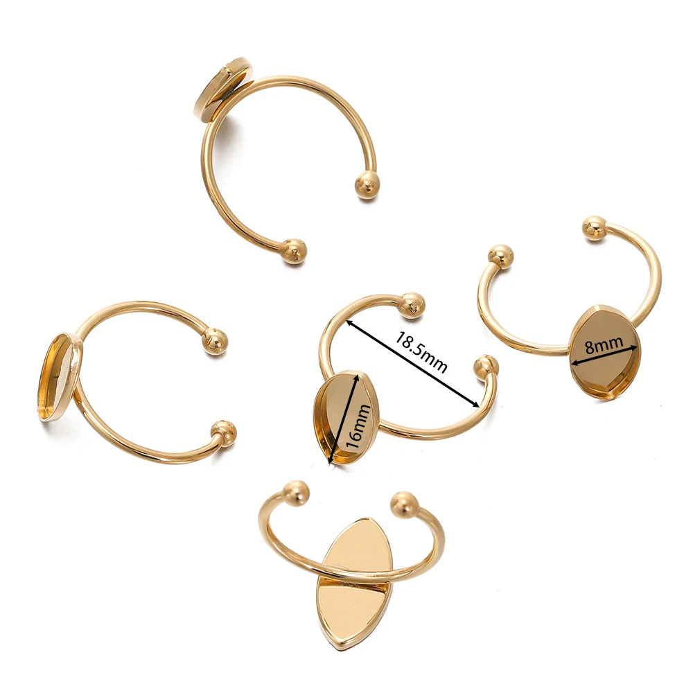 5 Stück goldfarbener offener Ring aus Edelstahl, Cabochon, Cameo, leere Tablett-Basisfassungen für DIY-Ringe, Schmuckherstellung, Zubehör – Detail 3