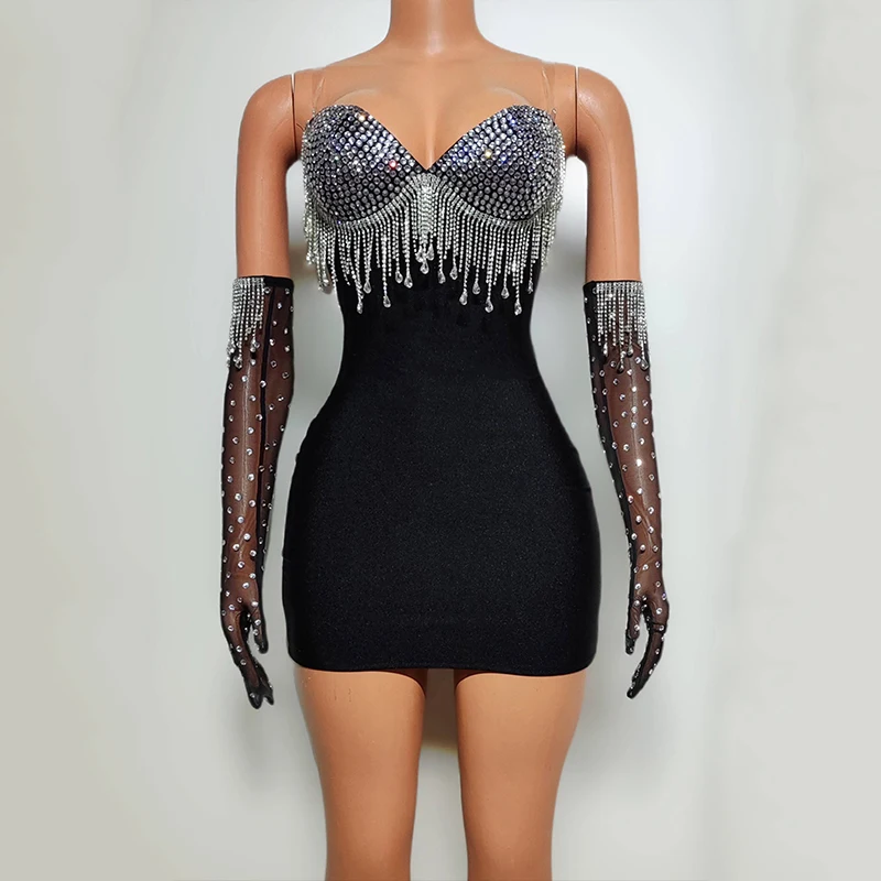 

Rhinestone Gogo Dancer Dresses Black Off Shoulder Slim Short Dress Nightclub Bar Singer Stage Wear Festival Party Costume VDL330