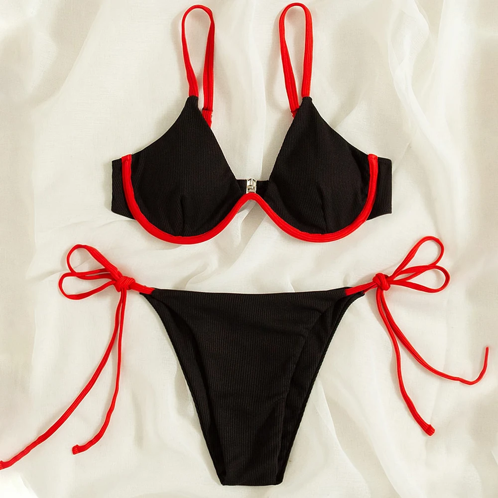 Swimsuit 2022 New Summer Contrast Binding Underwire Tie Side Bikini Fashion Lady Beachwear Beach Bathing Brazilian Suits