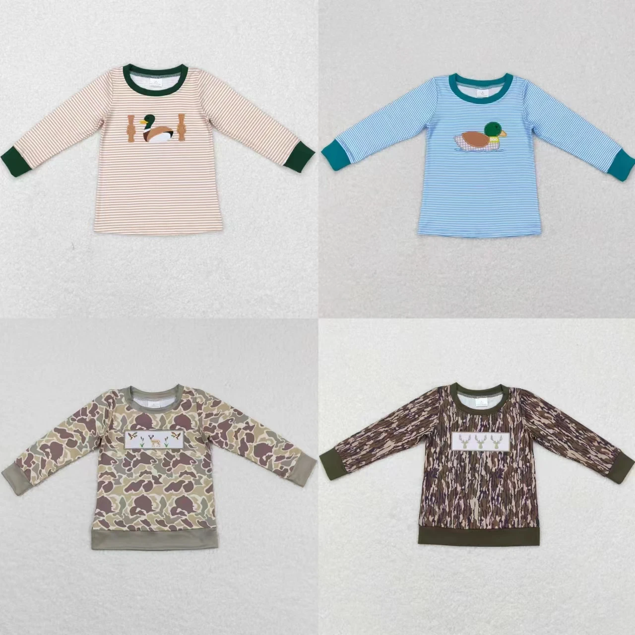 

Wholesale Children Embroidery Duck Deer T-shirts Toddler Stripes Camo Pullover Long Sleeves Boy Shirt Kids Clothing