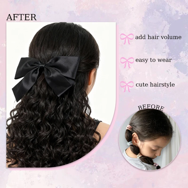 Synthetic Curly Hair Ponytail Extensions With Black Bow 14inch Wavy Curly Ponytail with Toothed Comb for Women Kids Daily Use