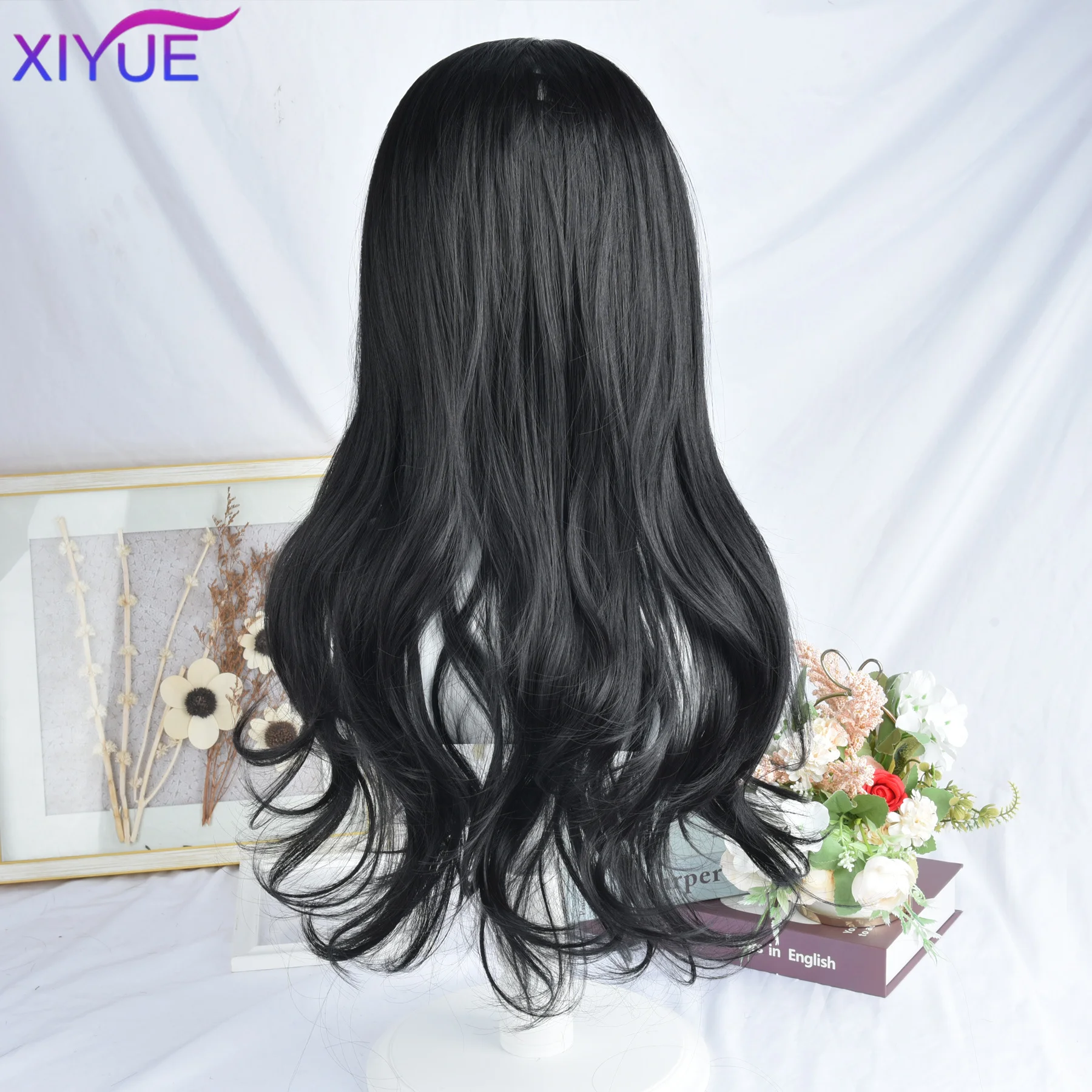 XIYUE Lolita Black Wig for Women Long Wavy Hair 65cm Curly Wig with Bangs Cosplay Headband Wigs Synthetic Wigs for Daily Use