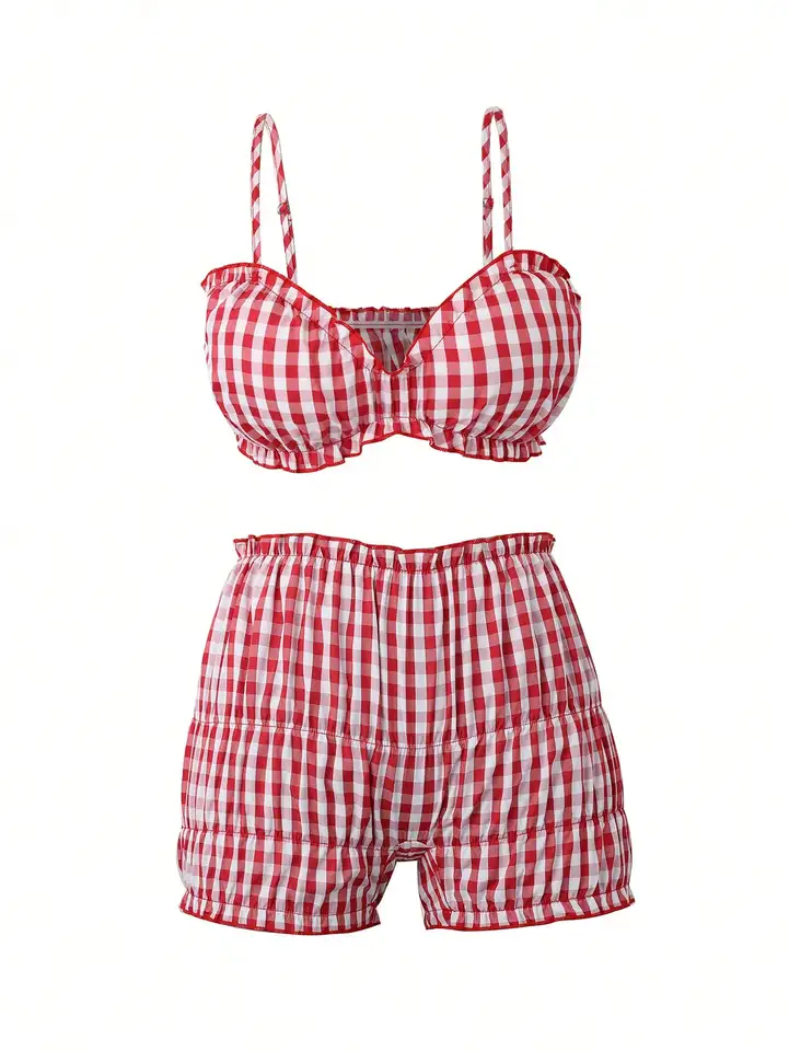 Red White Gingham Ruffled Bralette Shorts Set