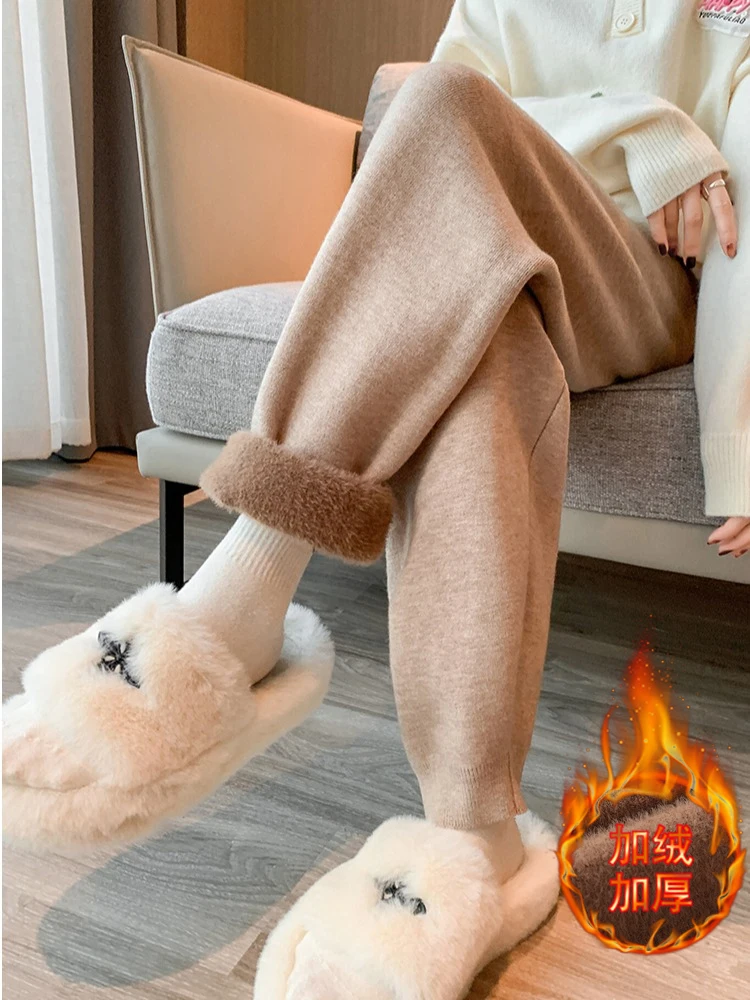 

Fall Winter Knitted Pant for Women 2203 New High Waisted Thicken Warm Harem Pants Ladies Casual Ankle Length Trousers