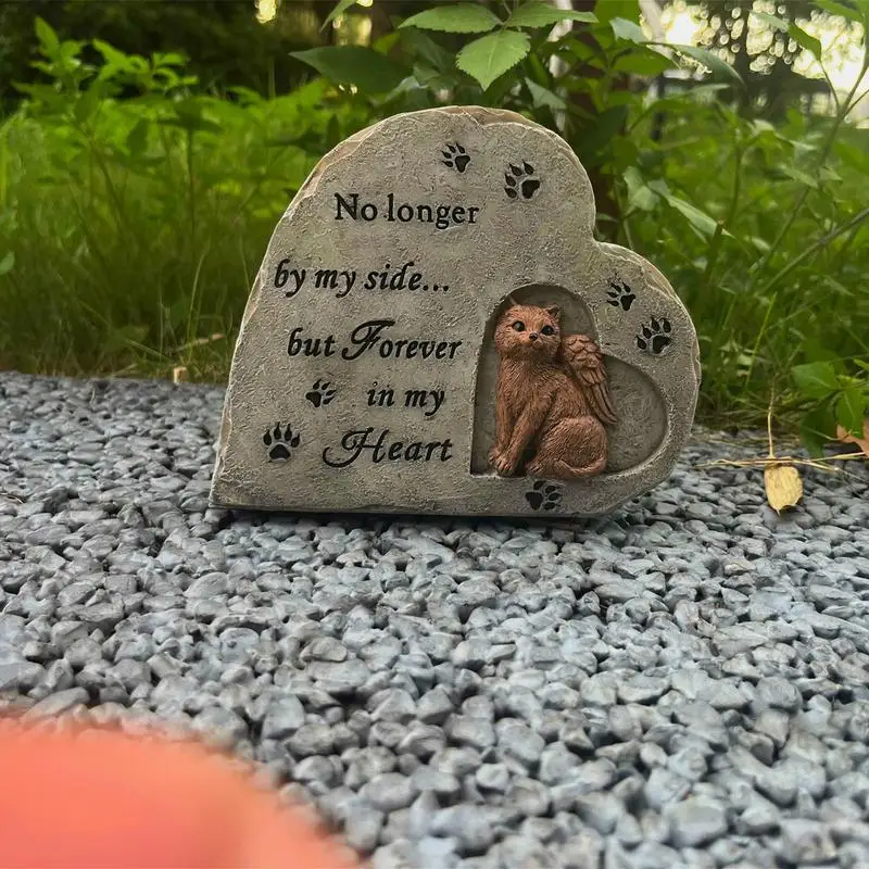 Cat Memorial Stone Cat Angel Memorial Stones Heart Shaped Weatherproof Grave Markers Outdoor Resin Gifts For