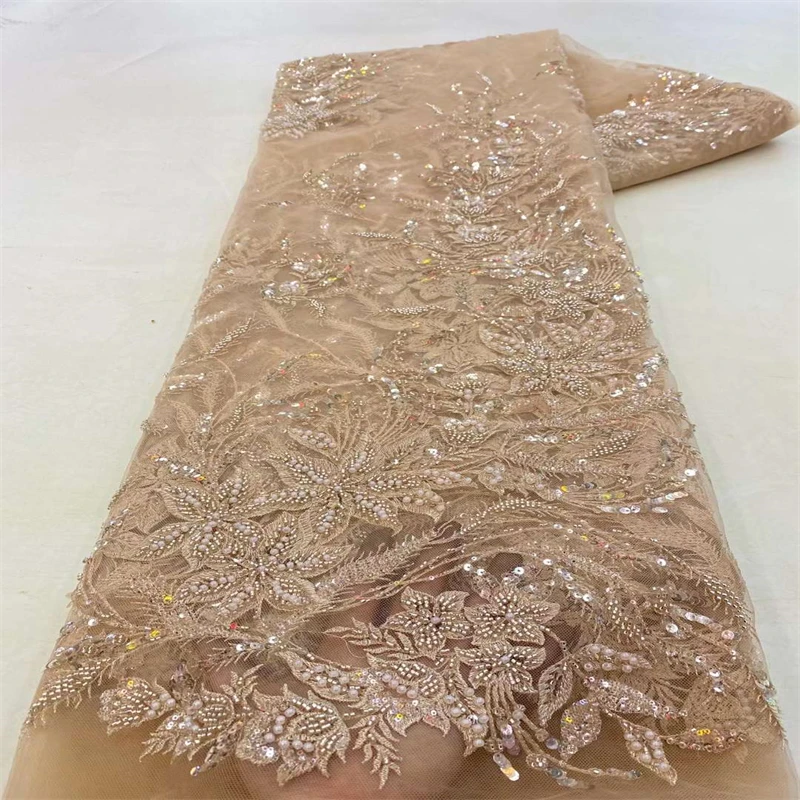 

Nigerian Handmade Beaded Lace Fabrics 2023 High Quality African Lace Fabric Wedding French Tulle Lace Material For Dress