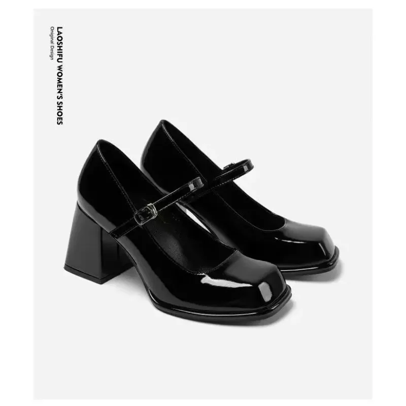 Mary Janes Vintage Black Sandals Woman Buckle Non-Slip Casual Medium Heels Office Ladies Solid Elegant Heels Korean 2023 Summer 4
