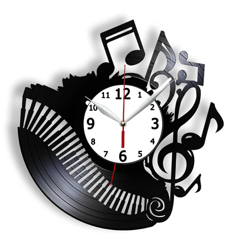 Piano Keyboard With Music Notes Carved Gramophone Music Record Clock For Music Studio Room
