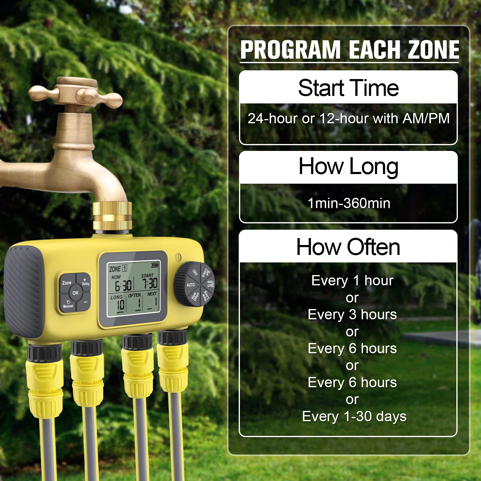 Water Timer for Garden Hose 4 Zone/3 Zone Rain Delay Irrigation Controller Progr