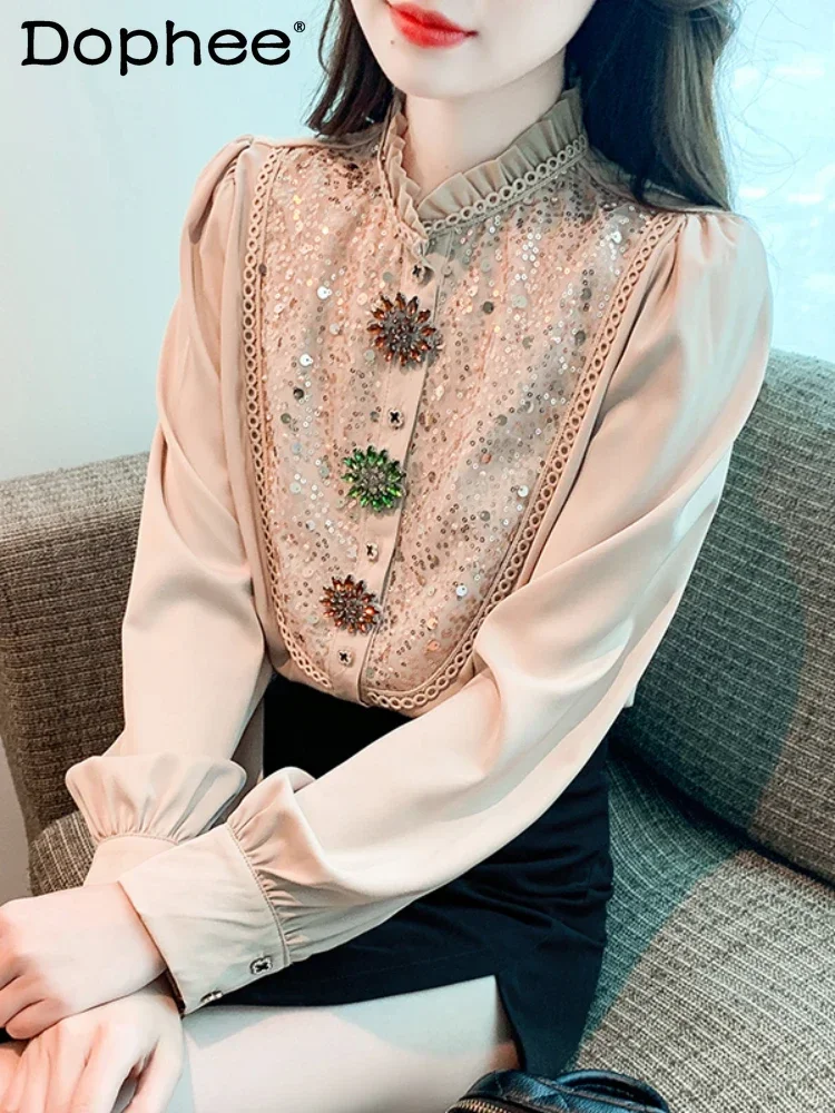 Long-Sleeved Chiffon Shirt Female 2023 Spring and Autumn Pleated Stand Collar Puff Sleeve Sequin Bead Cotton Blouse Women