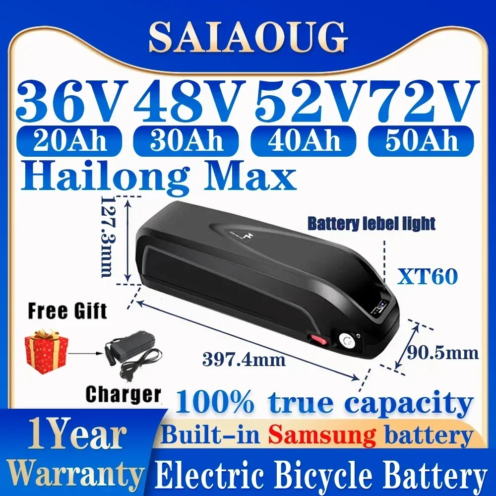 

36V 48V 52V 72V SAIAOUG Hailong Max Battery 20Ah 30Ah 50Ah Brand Lithium Ion Ebike Battery Max 50A BMS 300W 1500W 2000W BBS02