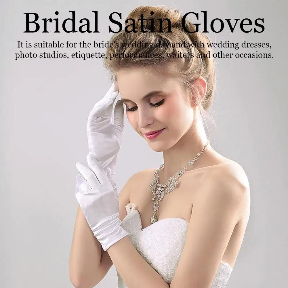 

Women Satin Short Wrist Gloves Bridal Wedding Color Prom Gloves Full Costume Show Etiquette Finger Gloves Party Stretch T8V9