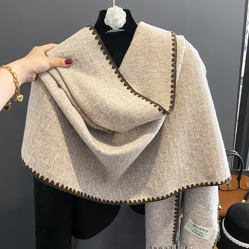 

Fashion Design Solid Color Embroidery Hem Women's Warm Long Thick Winter Scarf Imitation Cashmere Blanket Air Conditioner Shawl