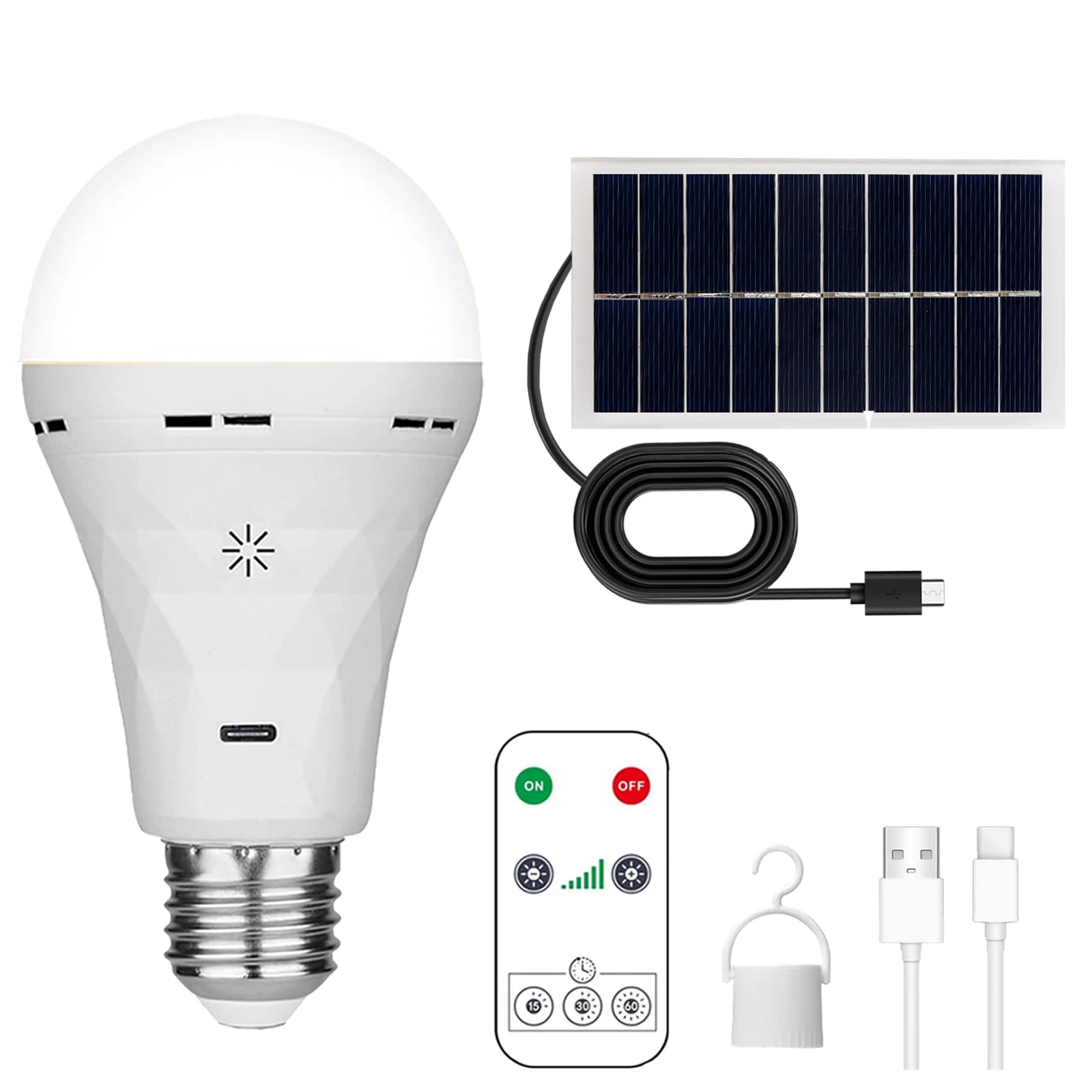 Rechargeable LED Light Bulb, Battery Powered, E27, Touch Dimming, With Remote Control, Solar Panel, Suitable For Outdoor Camping_voghion.com