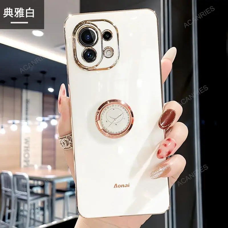 thumbnail image 1 of Luxury Ring Holder Case For Xiaomi Mi 11 Lite 5g Ne 11lite 4g 11t Pro Plating Square Silicone Stand Cover Xiomi Mi11 T Xiaomi11, 1 of 5