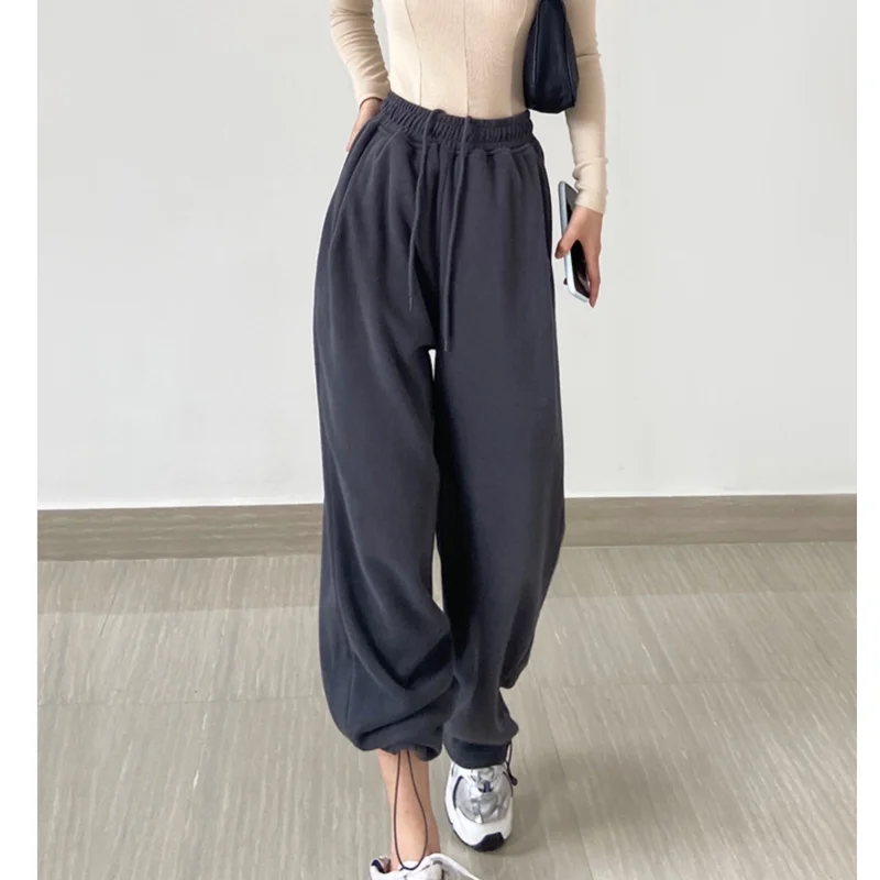 

Summer New Grey High Waist Drawstring Sweatpants Fashion Straight Pocket Bind Feet Pants Street Baggy Wide Leg Trouser Ladies