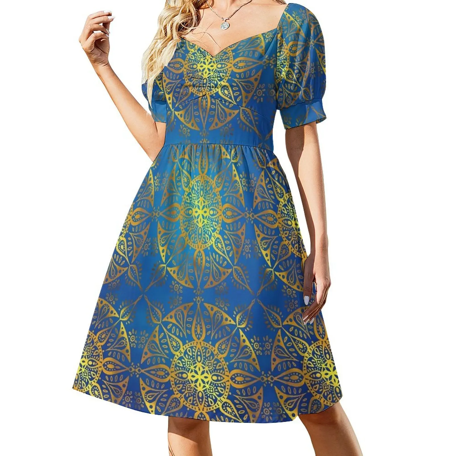 thumbnail image 1 of Vestido de manga corta con mandala azul y dorado vestidos para mujer vestidos de mujer elegantes y bonitos vestidos para mujer Vestido, 1 of 7