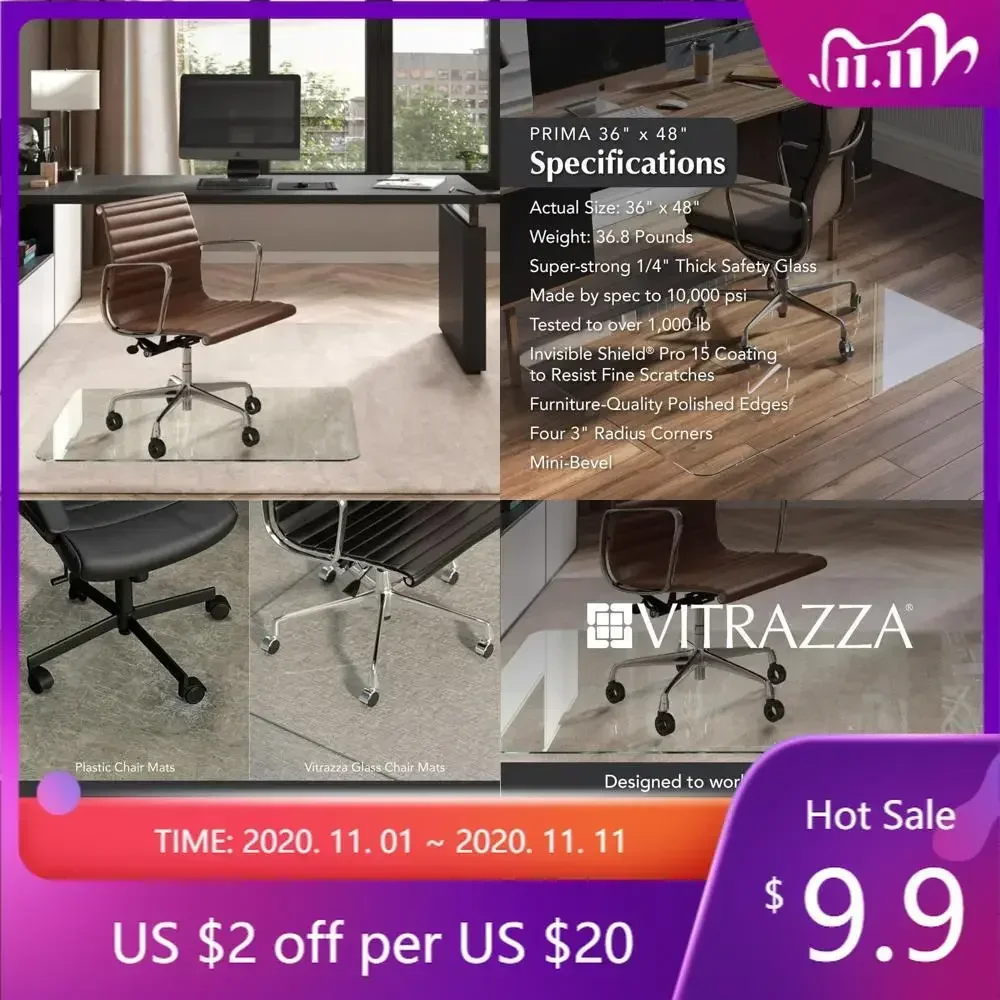 "clear glass desk mat 36x48 - smooth glide surface protector for carpets"