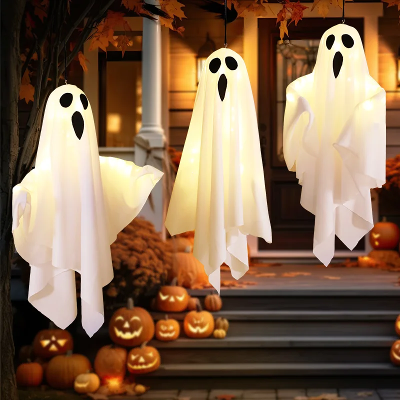 Illuminated Hanging Halloween Ghosts with LED Fairy Lights - Indoor/Outdoor Spooky Decor Prop