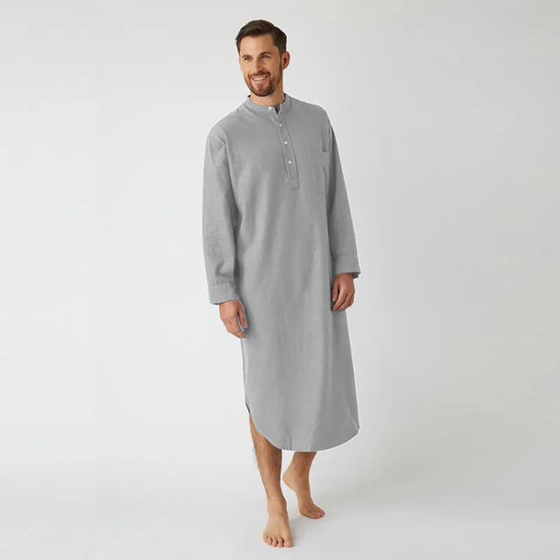 Blue Color Long Sleeved Muslim Long Shirt for Men Solid Cotton Linen Robes Muslim Fashion Arabia Man abaya - Image 3