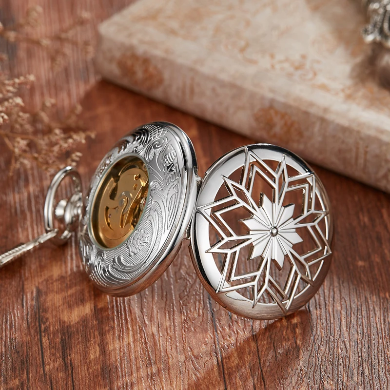 Maple Leaves Rhombus Luminous Mechanical Pocket Watch Hand Winding Pendant Chain Fob Watch Vintage Necklace Hollow For Men Gift