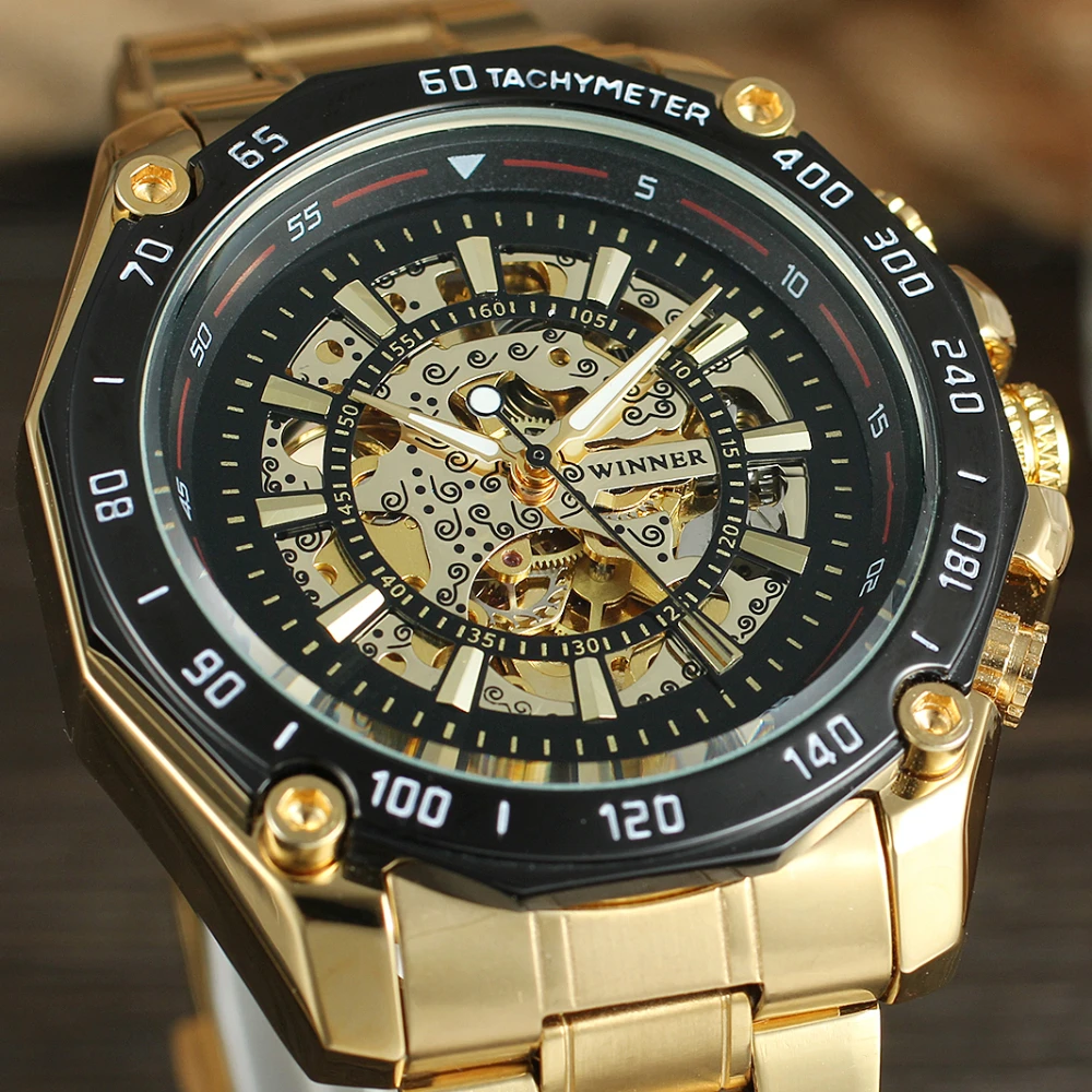 

Luxury Winner Brand Men's Mechanical Wristwatches Skeleton Watch Golden Mens Watches Montre Homme Clock Sport Bezel Nice Gift