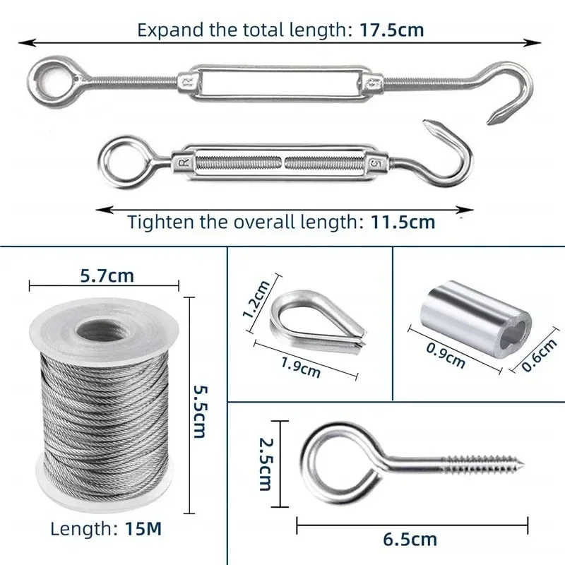 Turnbuckle Wire Tensioner Kit 15/25/30/50 Meters Vinyl Coated Stainless Steel Cable Wire Rope Turnbuckles Strings Light stainless steel wire rope steel wire rope