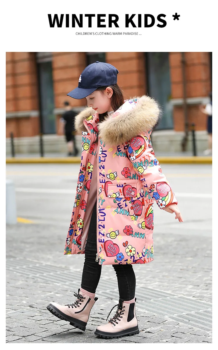 OLEKID 5-16 Jahre Mädchen Winter Daunenjacke Pelzkragen Mit Kapuze Cartoon Gedruckt Lange Teen Mädchen Oberbekleidung Mantel Kinder Graffiti Outfit – Detail 4