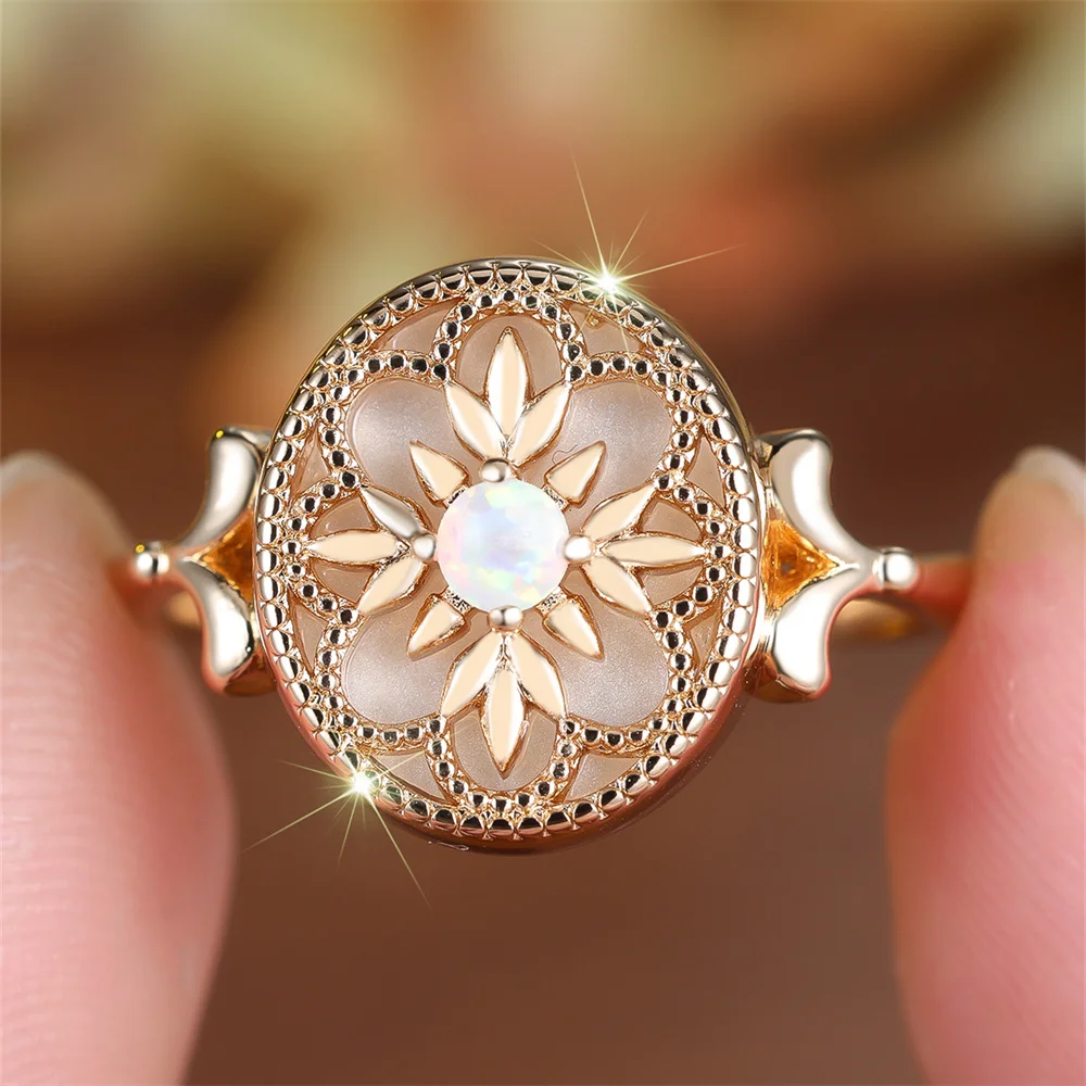 Trendy Flower White Opal Round Stone Rings For Women Vintage Gold Color Engagement Bands Wedding Jewelry Bridal Versatile Gifts