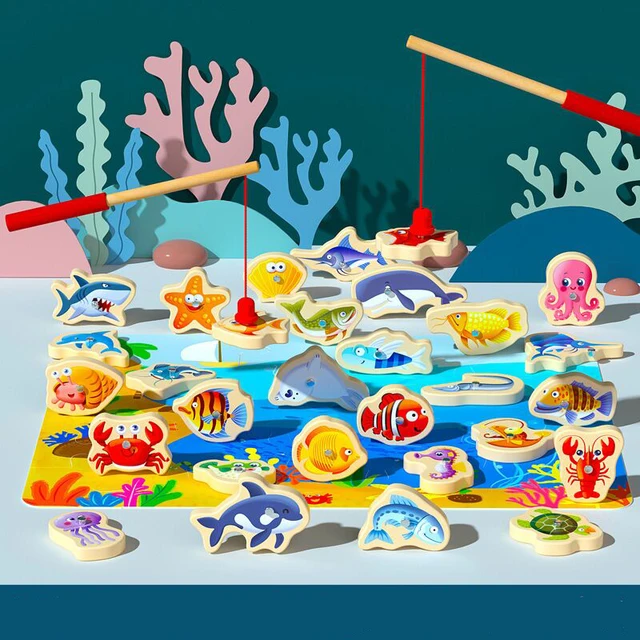 Fishing Game Wooden Magnetic Marine Life Cognition Fish Rod Parent-Child  Wooden Toys For Children Angling Games  Education Toys 2