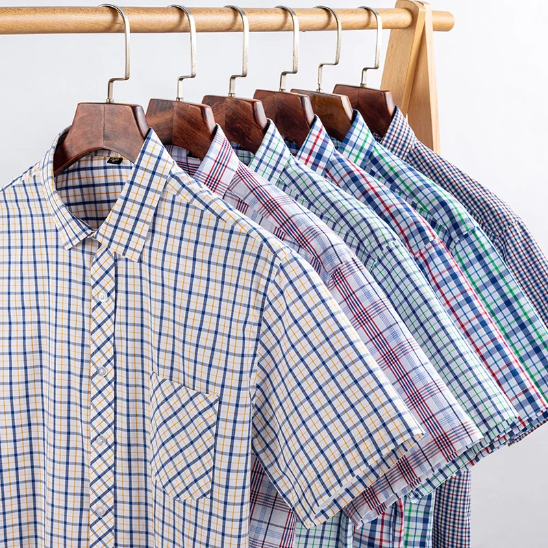 Fashionable Cotton Plaid Shirt Men's Short Sleeve Single Patch Pocket Design Young Casual Standard Fit Men's Shirt 2