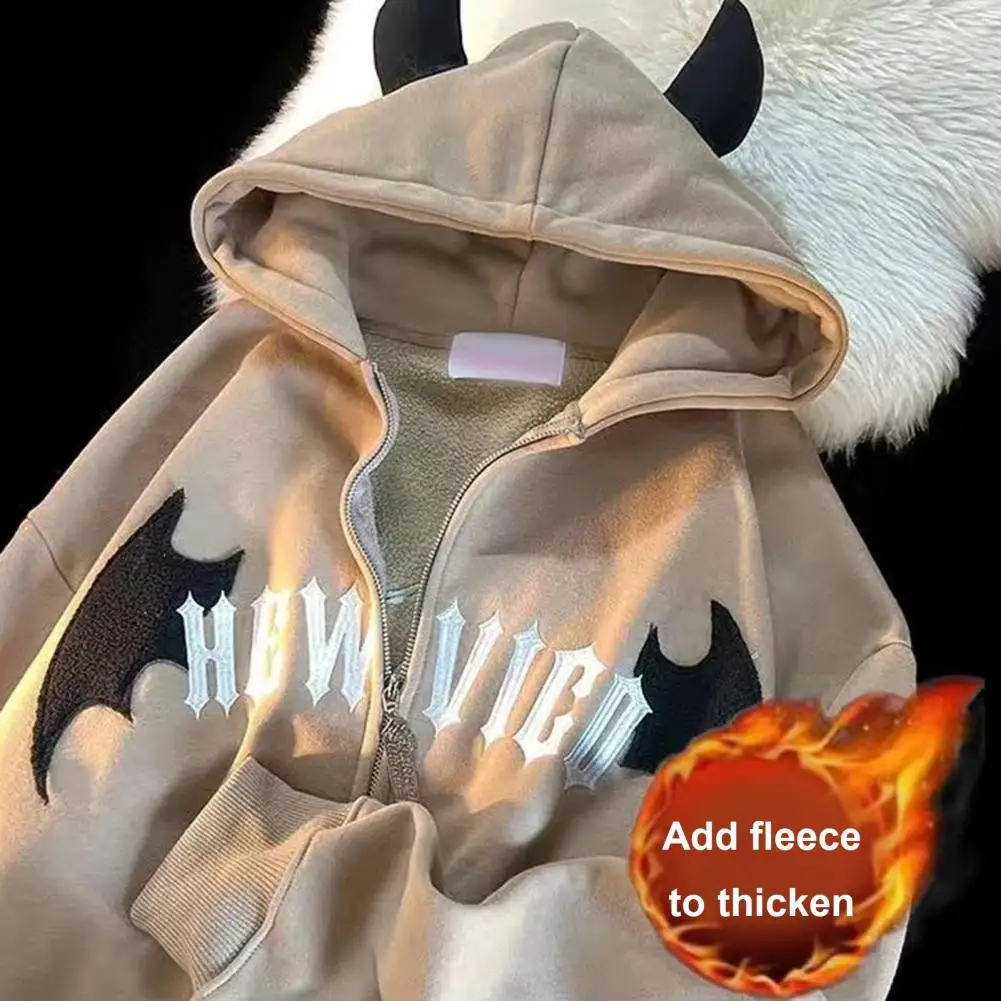 Description Picture 6 of itemZippered Hoodie Jacket Hoodie Thickened Plush Men's Hoodie with Horn Decor Zipper Closure Elastic Cuff Long Sleeve for Winter