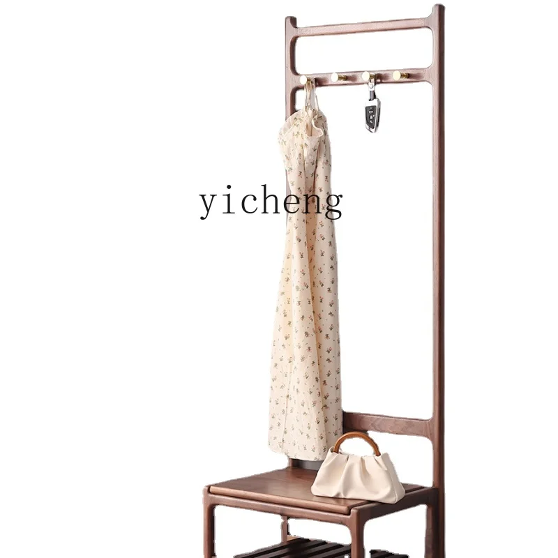 

Zk Black Walnut New Chinese Style Hanger Floor Hallway Entrance Shoe Changing Stool Clothes Rack Integrated