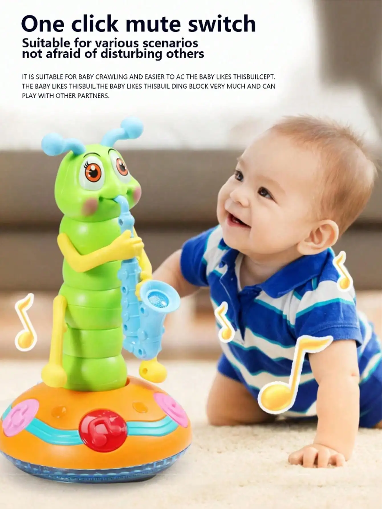 Musical caterpillar toy with mute switch